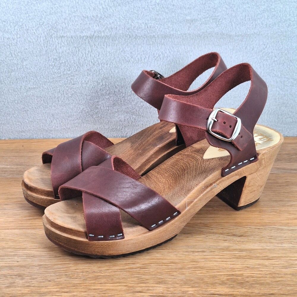 Kit + Clogs Kitty Sweden Women's EU 39 Wooden Platform Sandals Tan Leather Retro